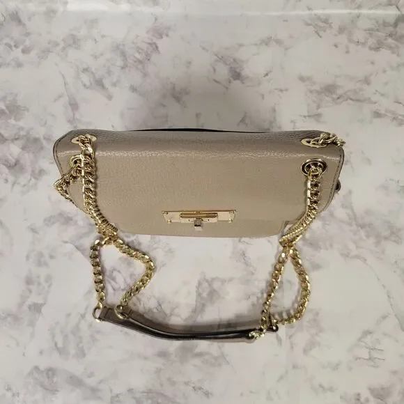 Michael Kors Sloan Small Shoulder Flap Beige Pebble Leather Bag Gold Chain Strap
